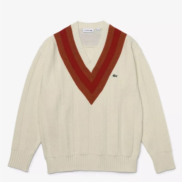 NWOT Lacoste V-neck striped textured wool sweater - Picture 3 of 4